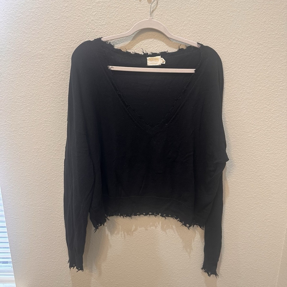 Nation LTD Black Jolie Cropped Frayed V-Neck Sweater M Cotton Alpaca Boho Hippie